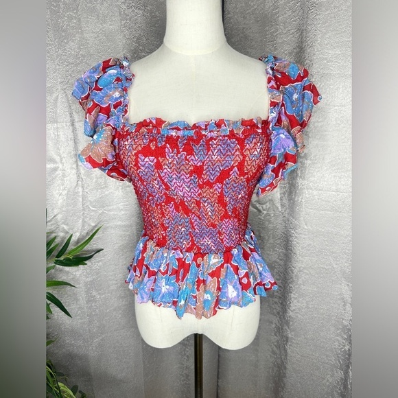 Anthropologie Love the Label Floral Print Smocked Ruffle Cropped Top Sz S - Picture 3 of 11